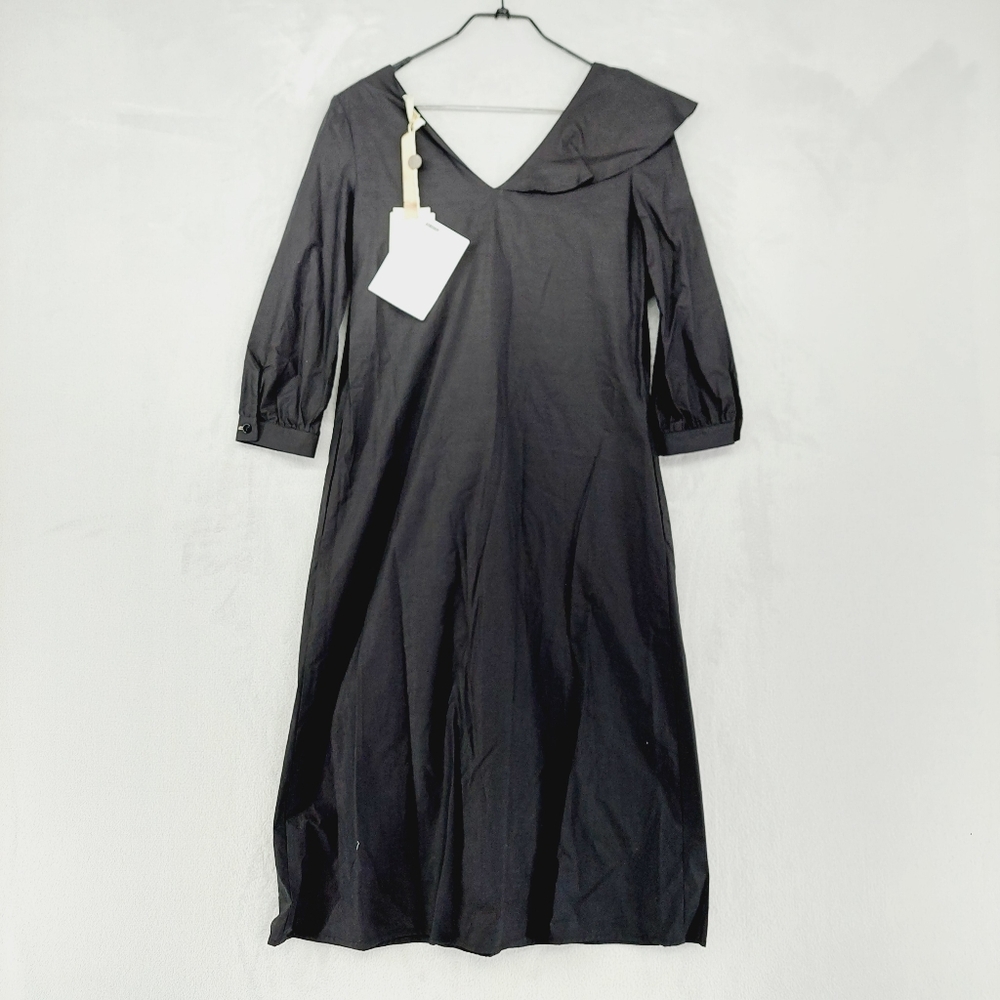 NEW Bohelle Black Cotton Ruffle Front 3/4 Sleeve Midi Dress P595 - Picture 5 of 9